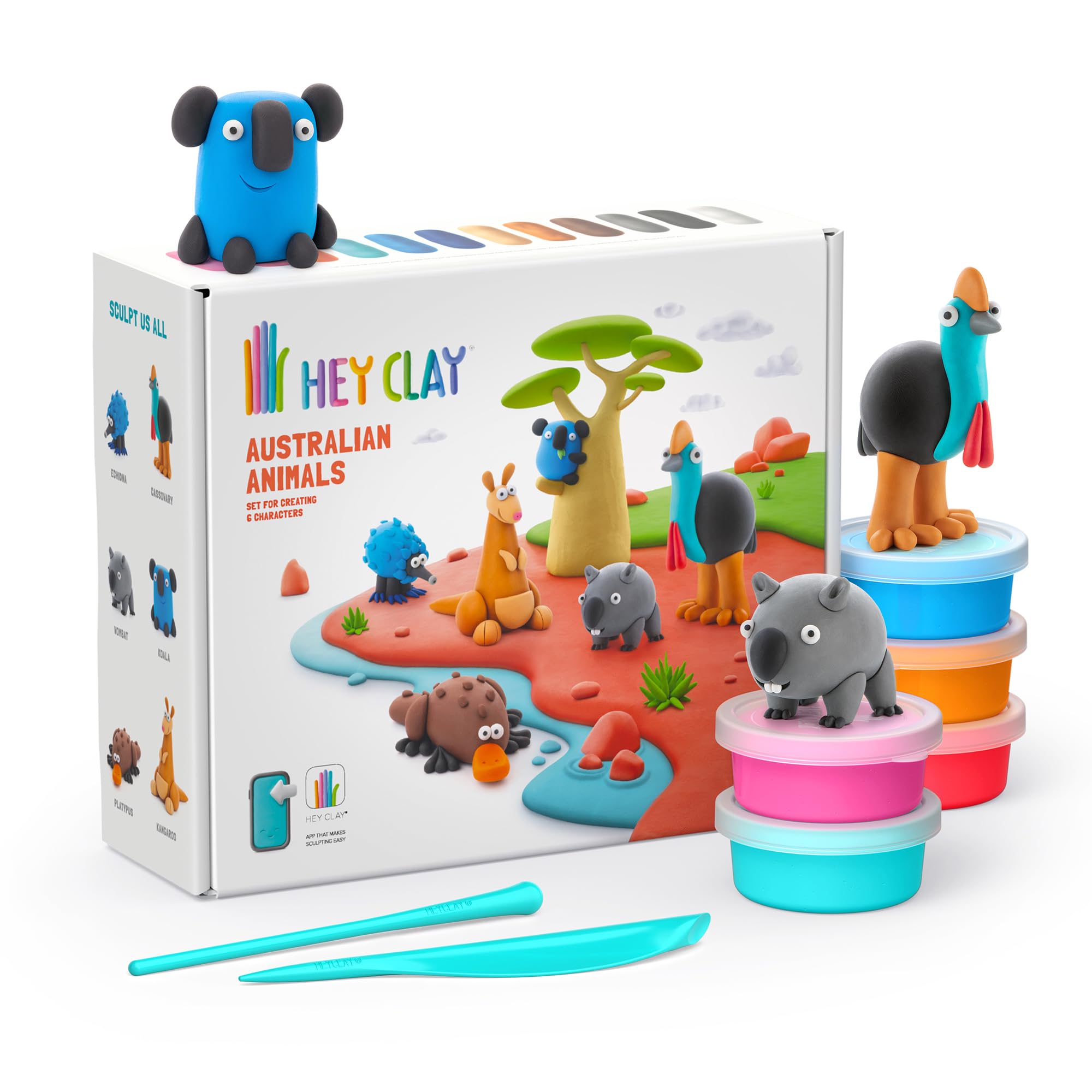 Hey Clay Australian Animals 15 Cans Set - Colourful Modelling Kids Air-Dry Clay Set 15 Cans with Sculpting Tools and Fun Interactive Instructions Children Age 3+