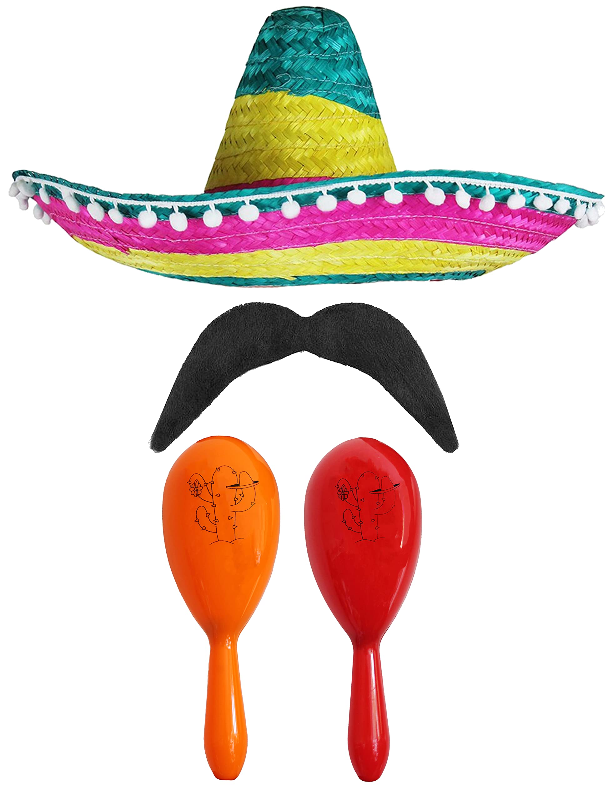 Adults Mexican Accessory Set - Multicoloured Mexican Sombrero, Orange & Red Maracas, Moustache - Cinco de Mayo Sensorita Bandit Mariachi Fancy Dress Costume Accessory Set