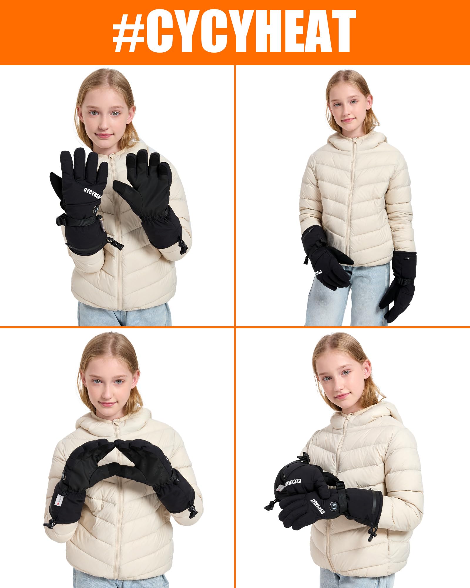 CYCYHEAT Kids Heated Gloves - Boys and Girls Waterproof Ski Heating Gloves with 2pcs DC Battery, 3 Heating Levels，Motorcycle Cycling