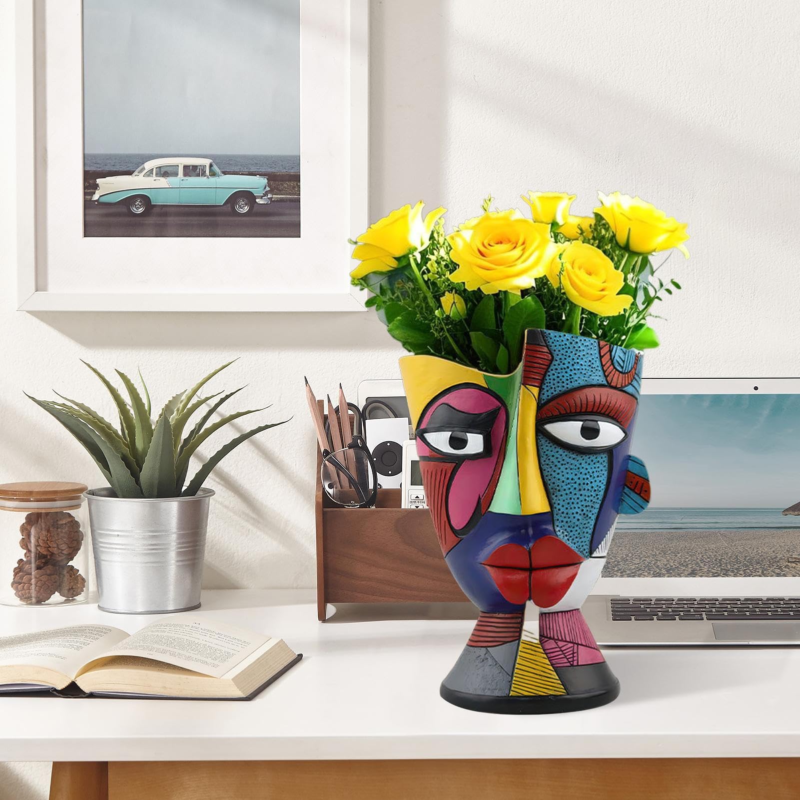 Pićasso Abstract Face Pot - Blumenkübel aus Harz, einzigartiges menschliches Gesichtsdesign, bunter dekorativer Vase mit Drainagelöchern | Behälter für Sukkulenten für den Innen- und Außenbereich für