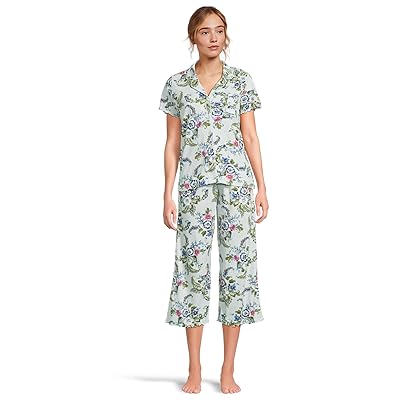 Karen Neuburger Paisley Dreams Short Sleeve Notch Top And Capri Set With Lettuce Edges Women