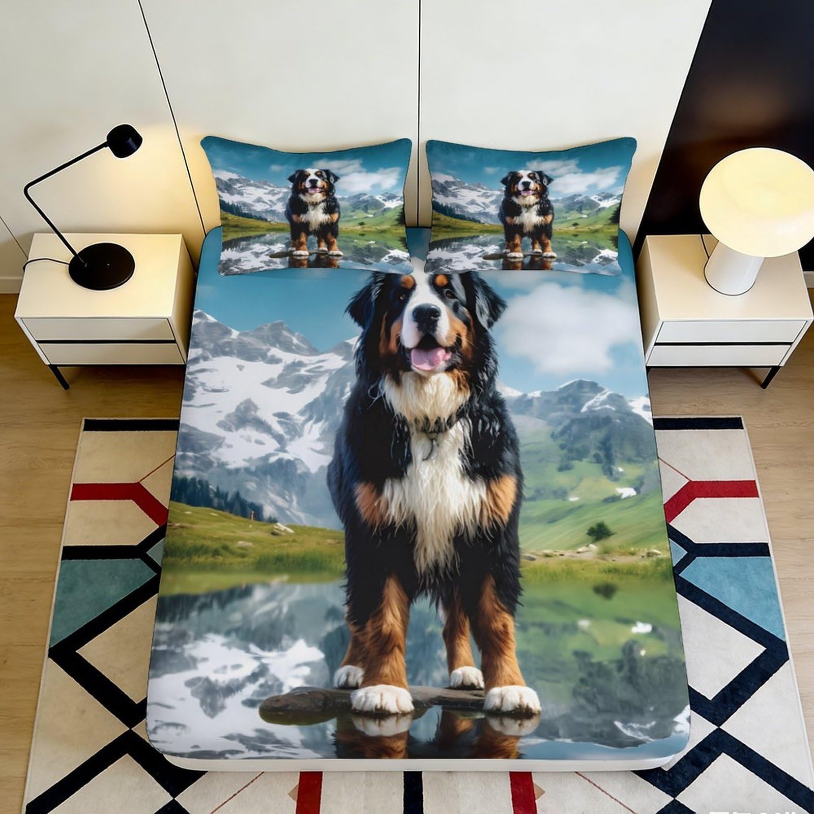 3D Printed Bernese Mountain Dog Fitted Sheet Microfiber Scenic Lake Mattress Cover Bedroom Decor Anti-Slip Washable 90x200x25cm