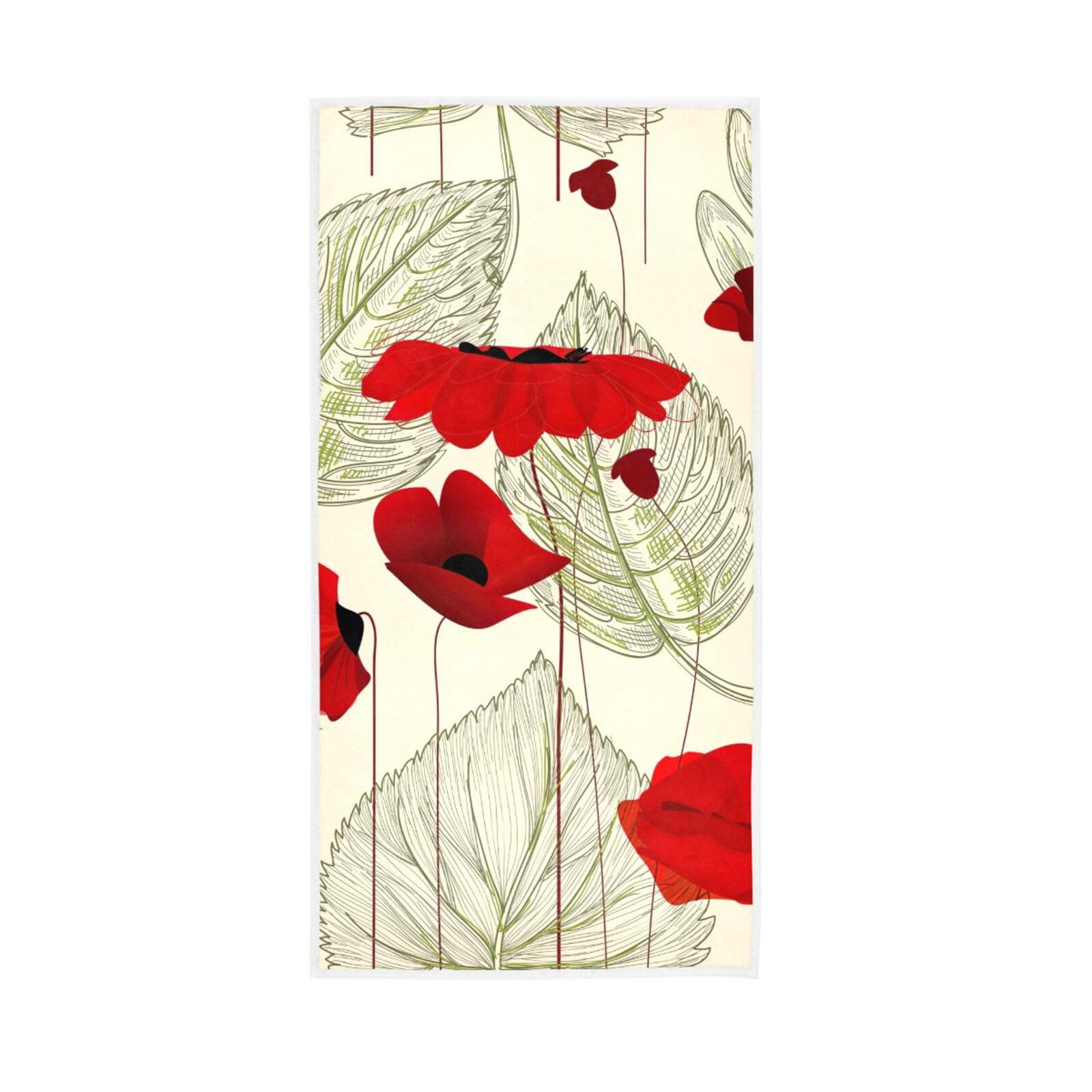 HUYGD Red Flower with Green Leaves Fingertip Towels, 15 x 30 Inches Absorbent Hand Towels for Bathroom Spa Towels for Bathroom, Cute Bath Towels