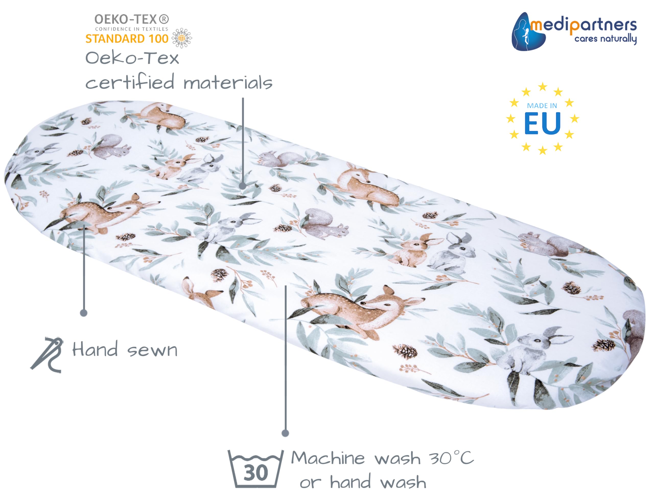 Medi Partners Set of 3 pcs. Fitted Sheet Pram 86 x 40 cm 100% Cotton Mattress Protector Baby, Deer in the Leaves-white-grey, Three pack - Image 3