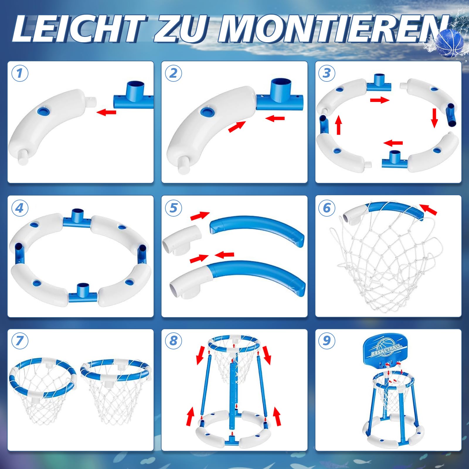 Charmofun Pool Basketballkorb Set mit 2 Basketbälle und Luftpumpe, schwimmende Basketballspiele für Kinder und Erwachsene