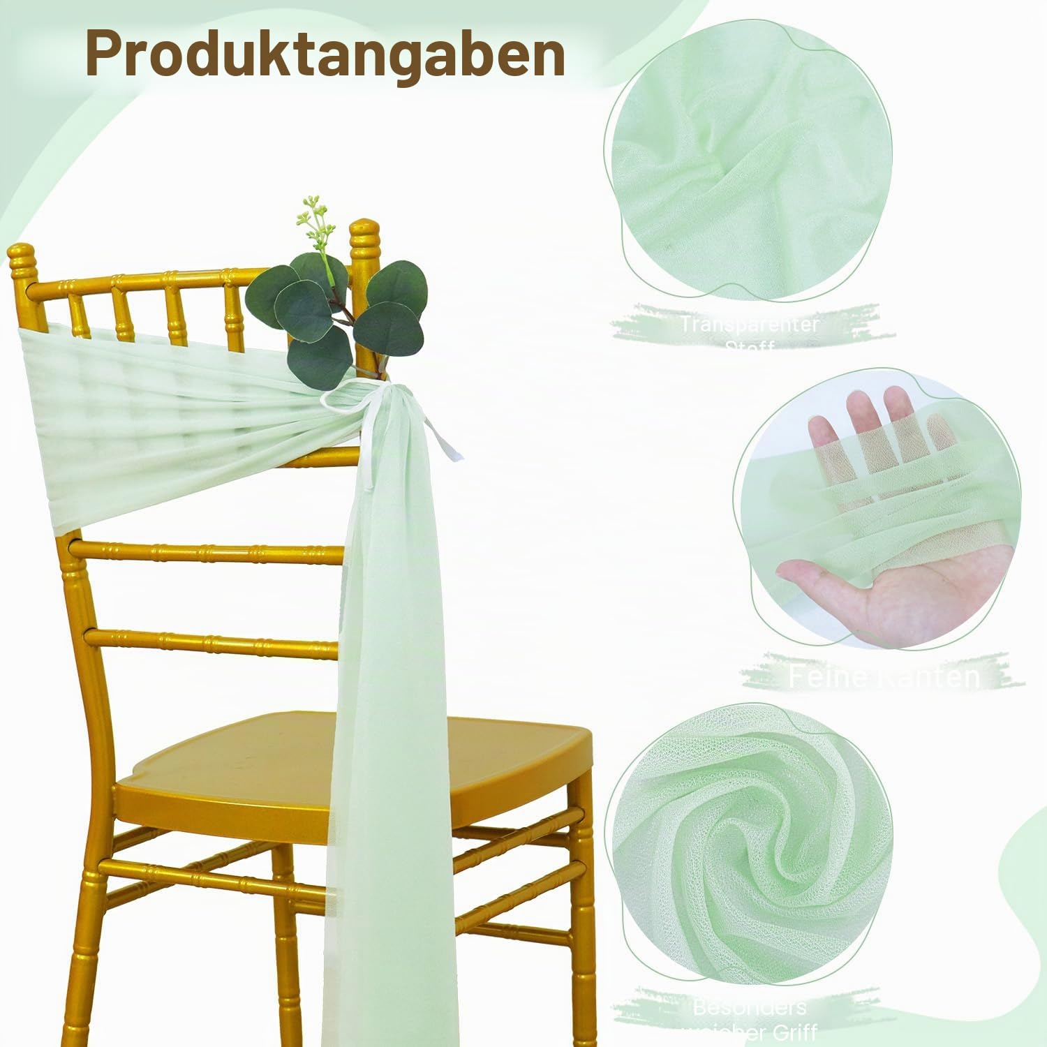 FUHSY Stuhlschärpen, Salbeigrün, Hochzeitsstuhldekorationen, 16 Stück, Stuhlbezug, 2,4 m lang, durchsichtige Chiffon-Schleifen für Stühle, Gangdekoration, für Hochzeitszeremonie, Kirche, Kirche
