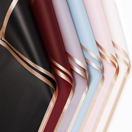 Whaline 60 hojas de papel de regalo floral de 6 colores con borde de oro rosa, papel de regalo de ramo de flores de doble cara para boda,