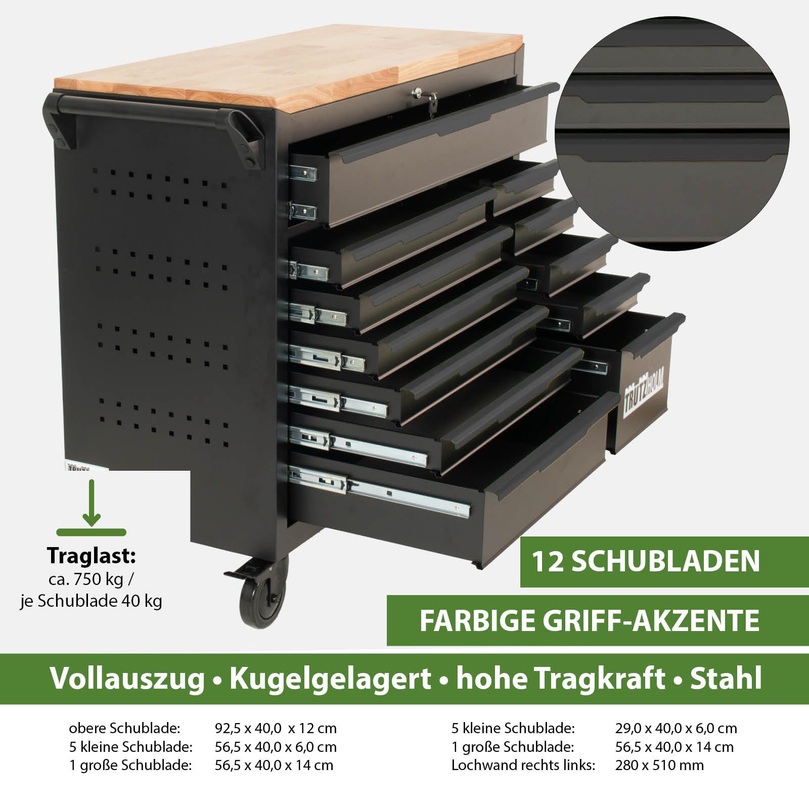 TRUTZHOLM Werkstattwagen Star XL 12 Schubladen unbestück Hartholz-Arbeitsplatte 103 x 112 cm mit Feststellbremsen, abschließbar Werkzeugwagen Anthrazit