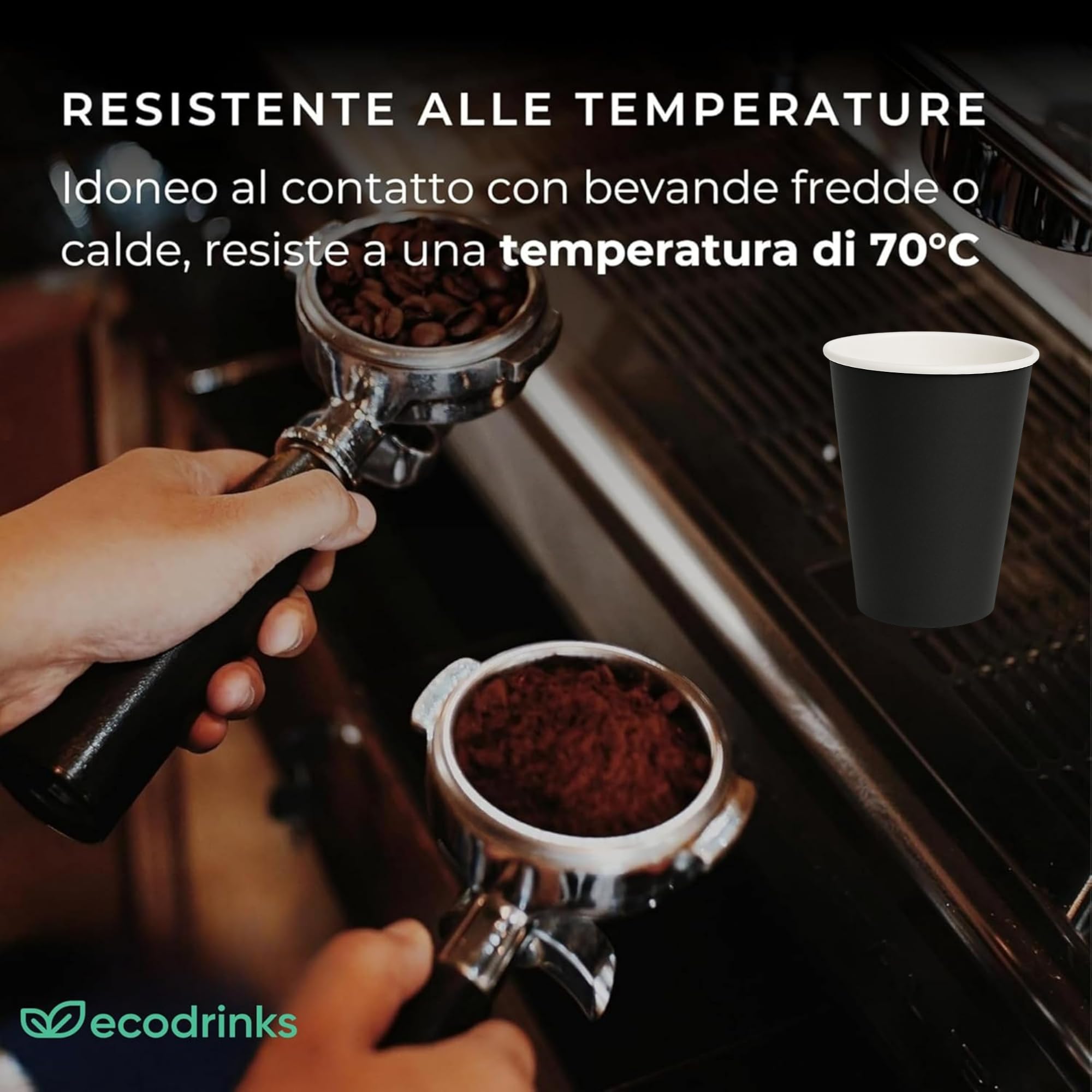 ecodrinks - 1000 Bicchieri Carta Nero da 360ml - Per Acqua, Cocktail, Bevande Calde e Fredde - Biodegradabili, Eco-friendly e Made in Italy