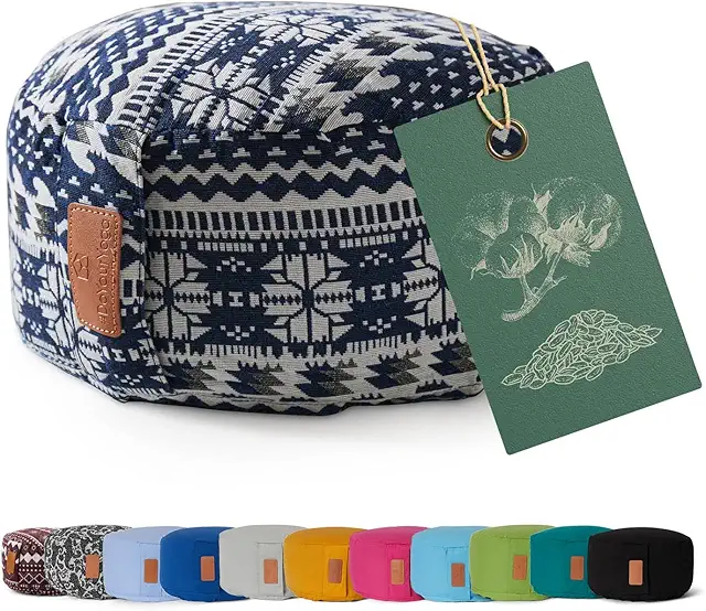 Round Yoga Pillow 30x15cm | Blue White | Washable | Organic Buckwheat | Yoga Kudde