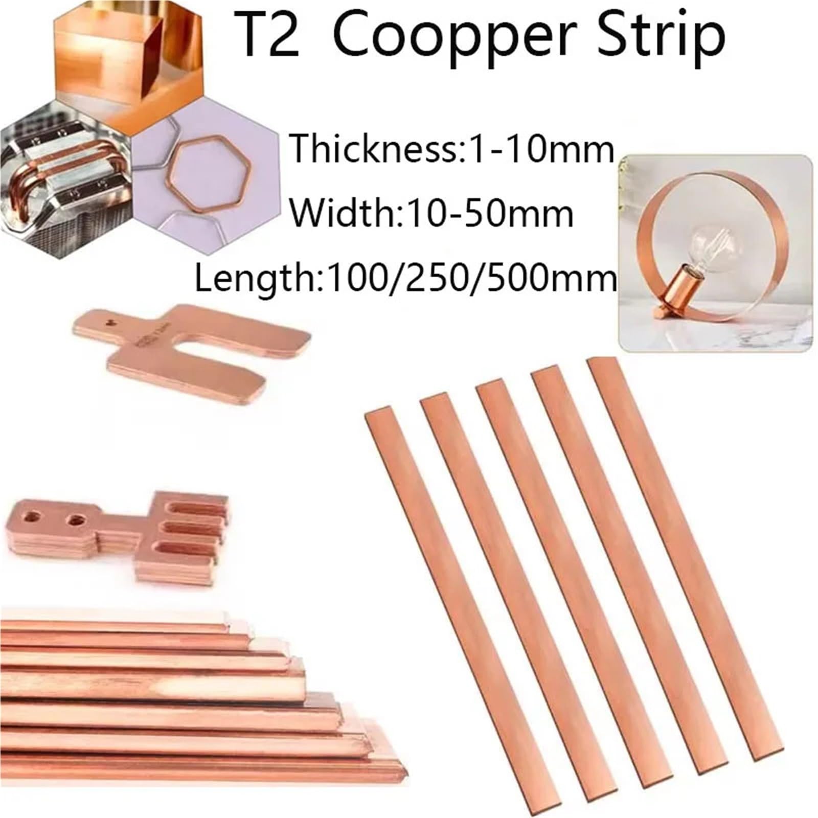 2 piezas de cobre rojo puro, placa metal plana, barra, longitud 100/250 mm, colectora, espesor 1/1,5/2/3/4/5/6/8 Adecuado para joyería y manualidades(5x15x250mm)