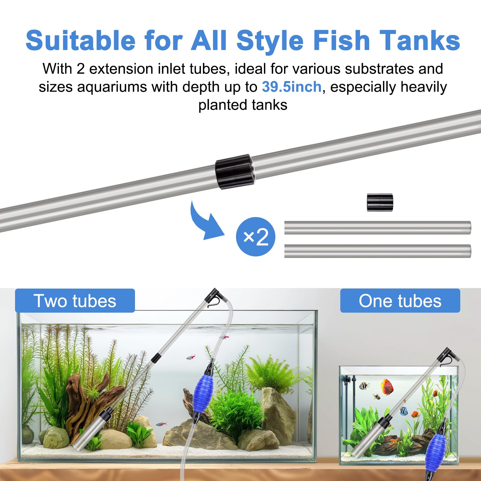 Nettoyeur de gravier d'aquarium et siphon manuel pour aquarium – Débit réglable de 256 GPH pour changeur d'eau, lavage du sable, élimination de la saleté, kit de nettoyage d'aquarium avec
