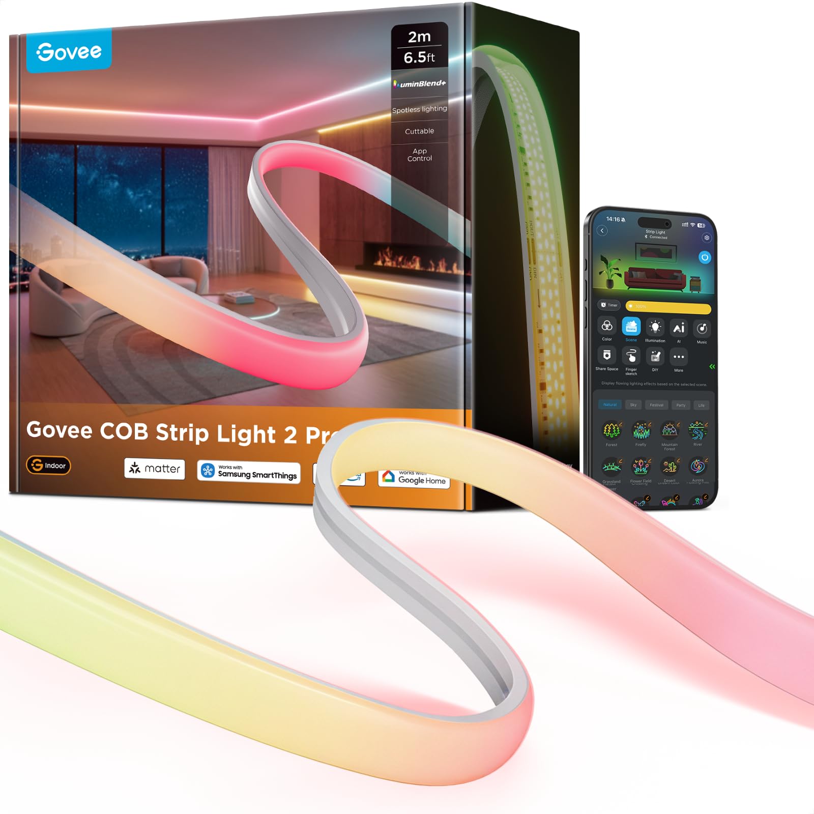 Govee COB Strip Lights 2 Pro, RGBWWIC LED Strip 2m with LuminBlend+, 1080lm
