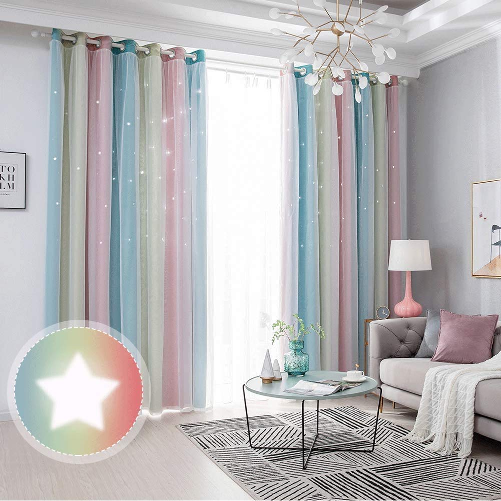 Curtains, YBENWL 2 Panels Double Layer Rainbow Stripe Hollow Out Star Cut-Out Romantic Colorful Star Cut Out Stripe Window Gradient Sheer Blackout for Kids Girls Bedroom Living Room Hotel