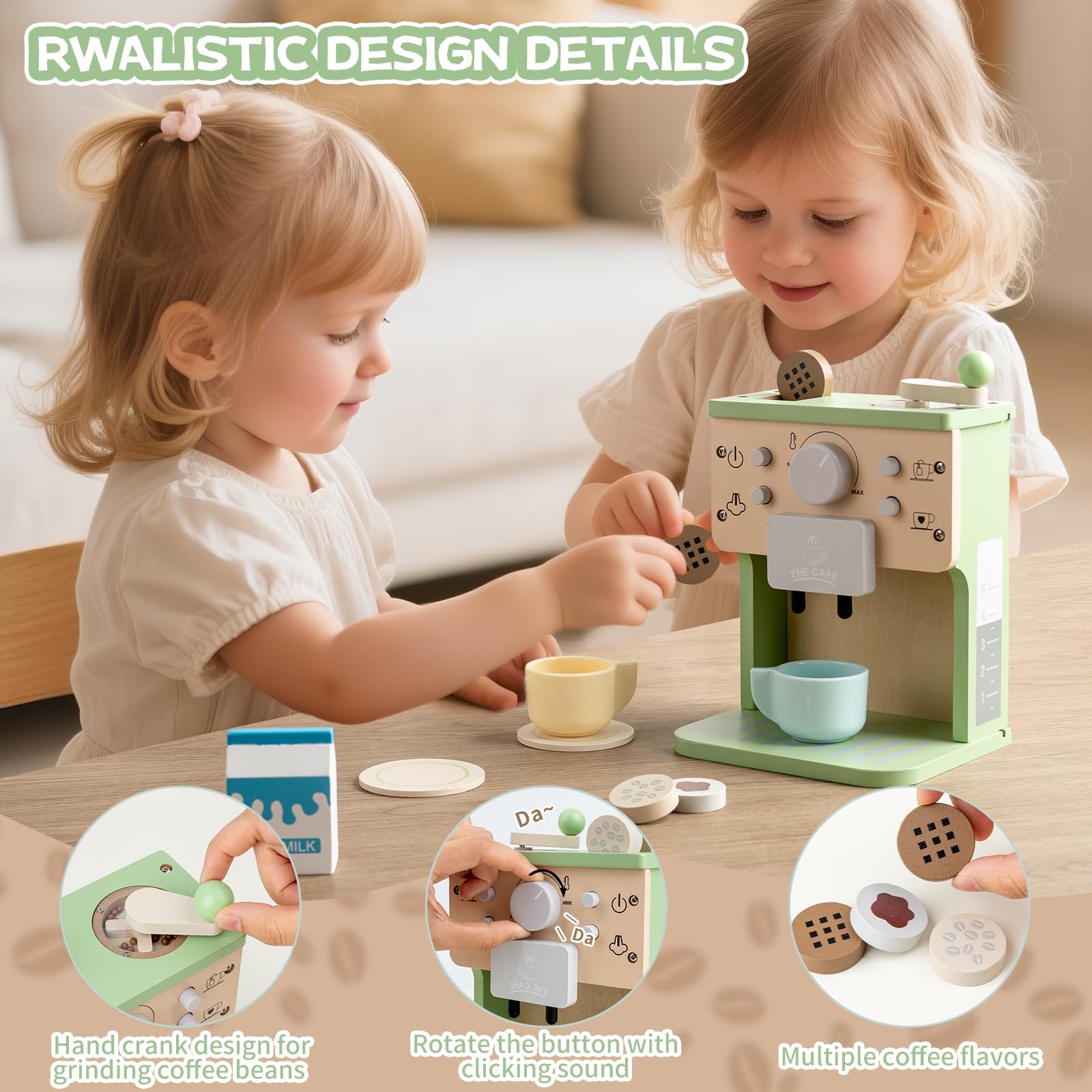 Machine à Café Jouet en Bois avec Son pour Enfant, Jeu de Rôle Cuisine Montessori et Éducatif, 3+ Ans 10 Pièces