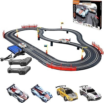 Electric Racing Track Sets for Boys and Kids Including 4 Slot Cars 1:43 Scale and 2 Controllers, Gift Toys for Children