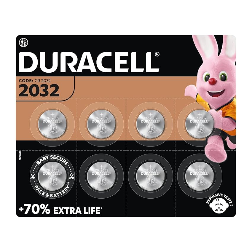 Immagine del prodotto Duracell - 2032, Batteria Bottone al litio 3V, confezione da 8, con Tecnologia Baby Secure per l'uso su chiavi con sensore magnetico, bilance, elementi indossabili (DL2032/CR2032)