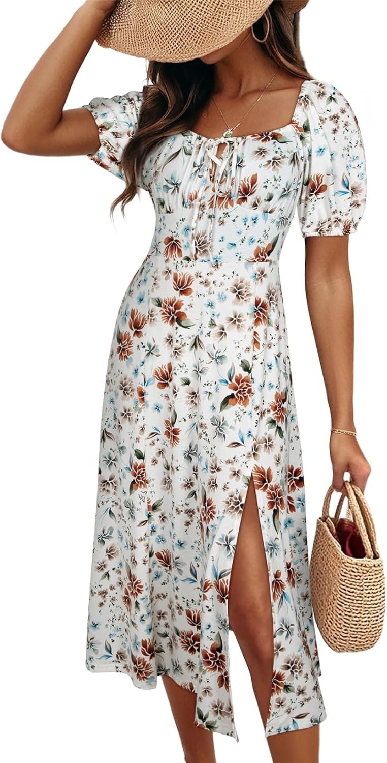 BLENCOT Womens Casual Summer Square Neck Short Sleeve Split Thigh Cotton Dress Boho Floral Print Tie Front Midi Dresses - Image 7