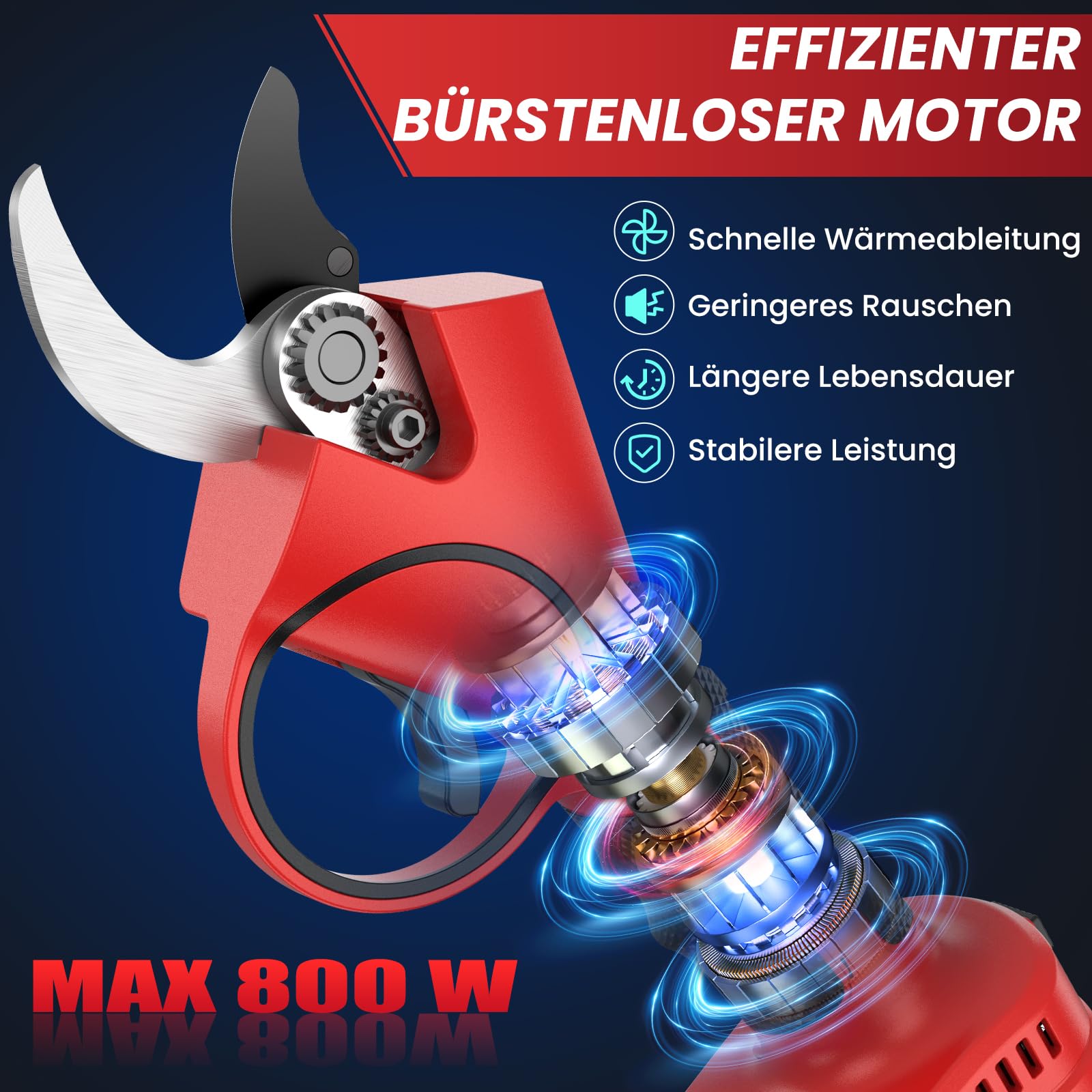 Akku Astschere, 40MM Akku Gartenschere Leistungsstark 800W Elektrische Gartenschere mit 2x2000mAh 21V Akkus, Leistungsstarke, 6-8H Laufzeit, Akku Schere für Obstbäume, Weinreben,Gartenschnitt, Zweige