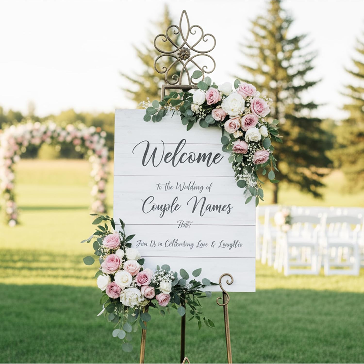 63” Vintage Metal Easel Stand for Signs – Large Adjustable Heavy Duty Floor Standing Easel for Wedding Signs, Posters & Display with Chain Support