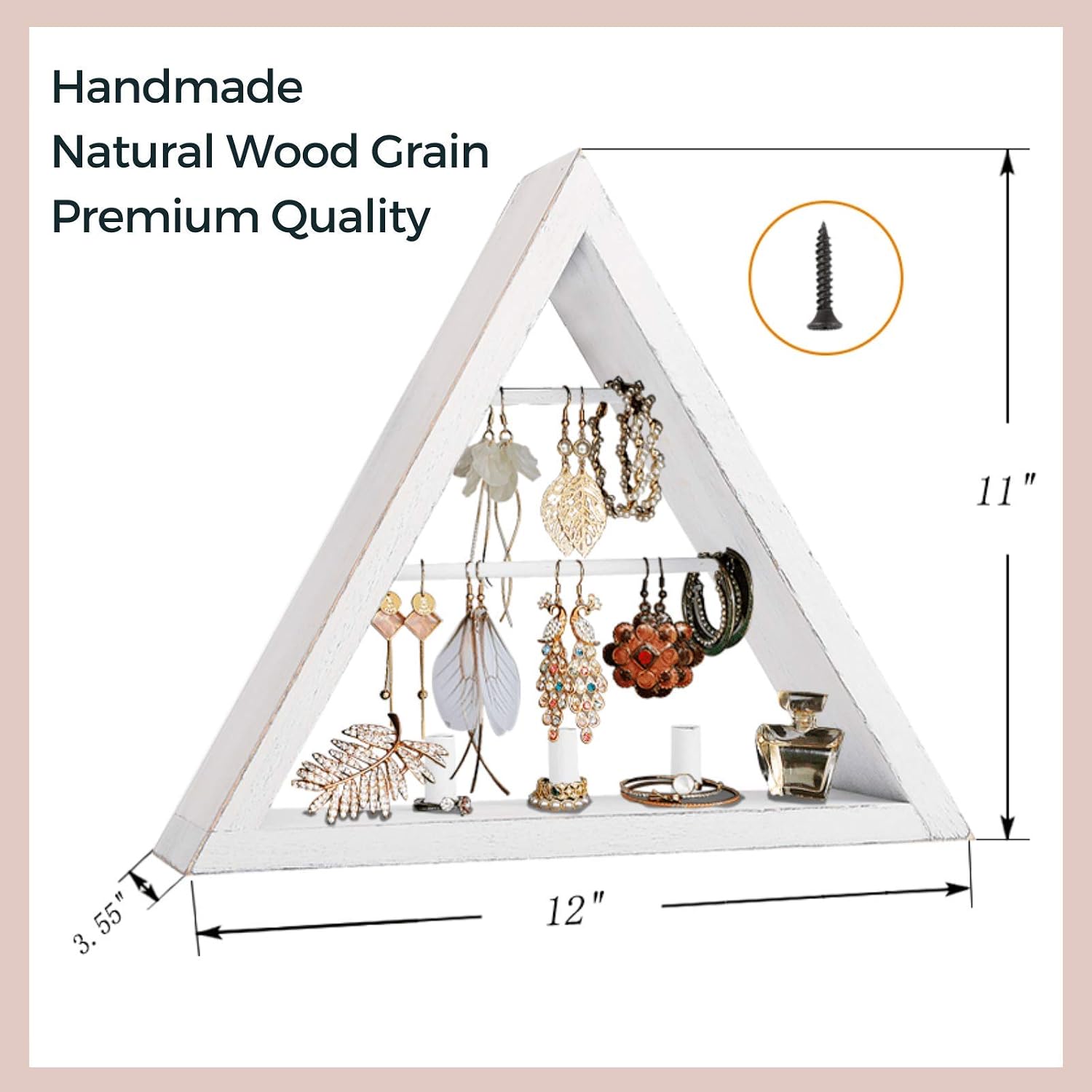 Jewelry-Organizer Wall-Mounted, Rustic Hanging Earring Holder - Stylish Triangle Wooden Jewelry Display with Hooks for Rings, Earrings, Necklace and Accessories