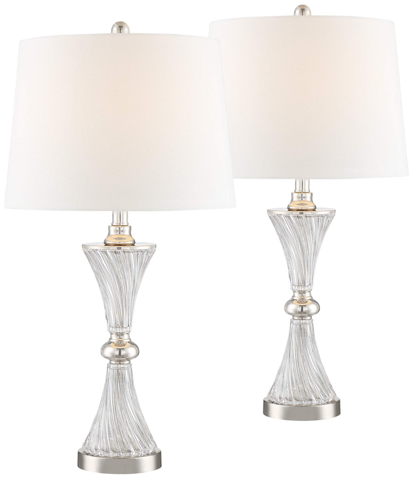 Regency Hill Luca Modern 3-Way Table Lamps 25 1/2" Tall Set of 2 with USB Charging Ports and Dimmers Clear Glass White Fabric Drum Shade for Bedroom