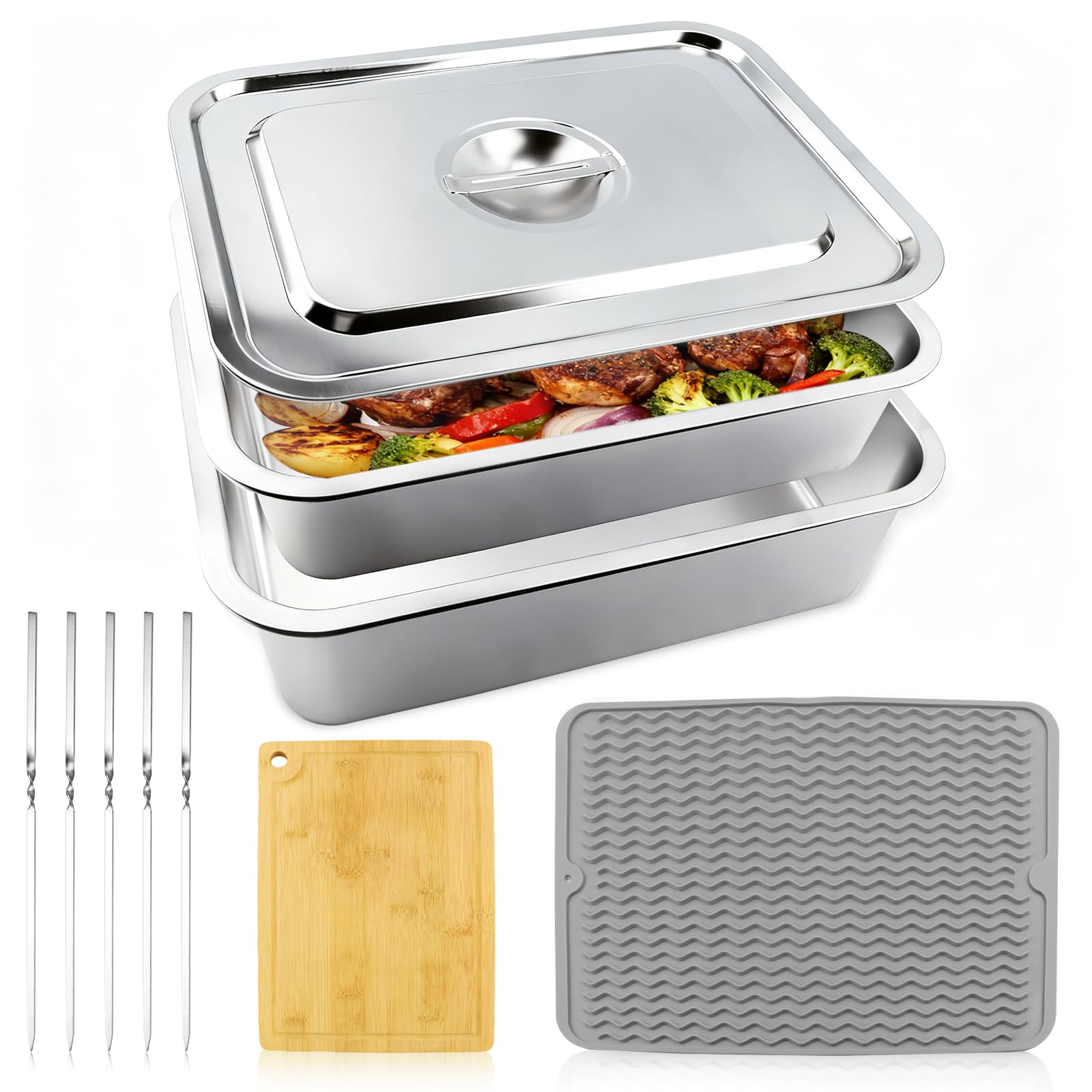 Kalolary Set di vassoi per la preparazione del barbecue, in acciaio inox, per la preparazione del barbecue, per la marinatura