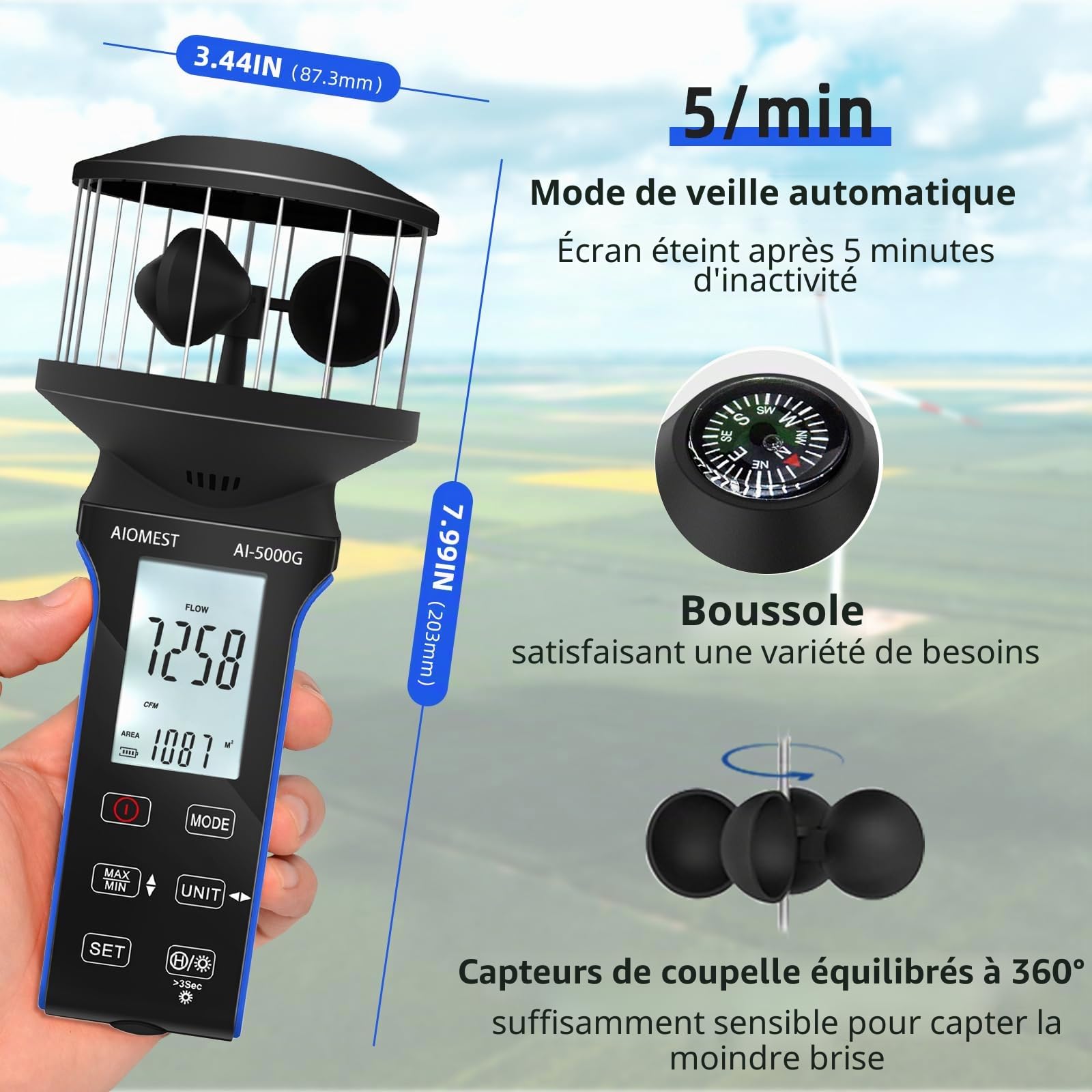 AIOMEST Anémomètre Numérique Portatif, 4 coupes 360° Wind Speed Meter, ±5% de Haute Précision Anémomètre avec Temp (℃/℉), MAX/AVG pour Tir, Voile, Surf, Drone, AI-5000G