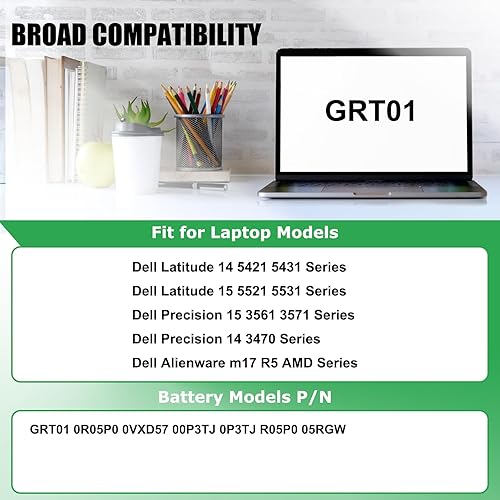 Miniatura 3 de GRT01 - Batería de repuesto para laptop Dell Latitude 14 5421 5431 15 5521 5531 Precision 3470 3561 3571 Alienware m17 R5 AMD Series Notebook 00P3TJ