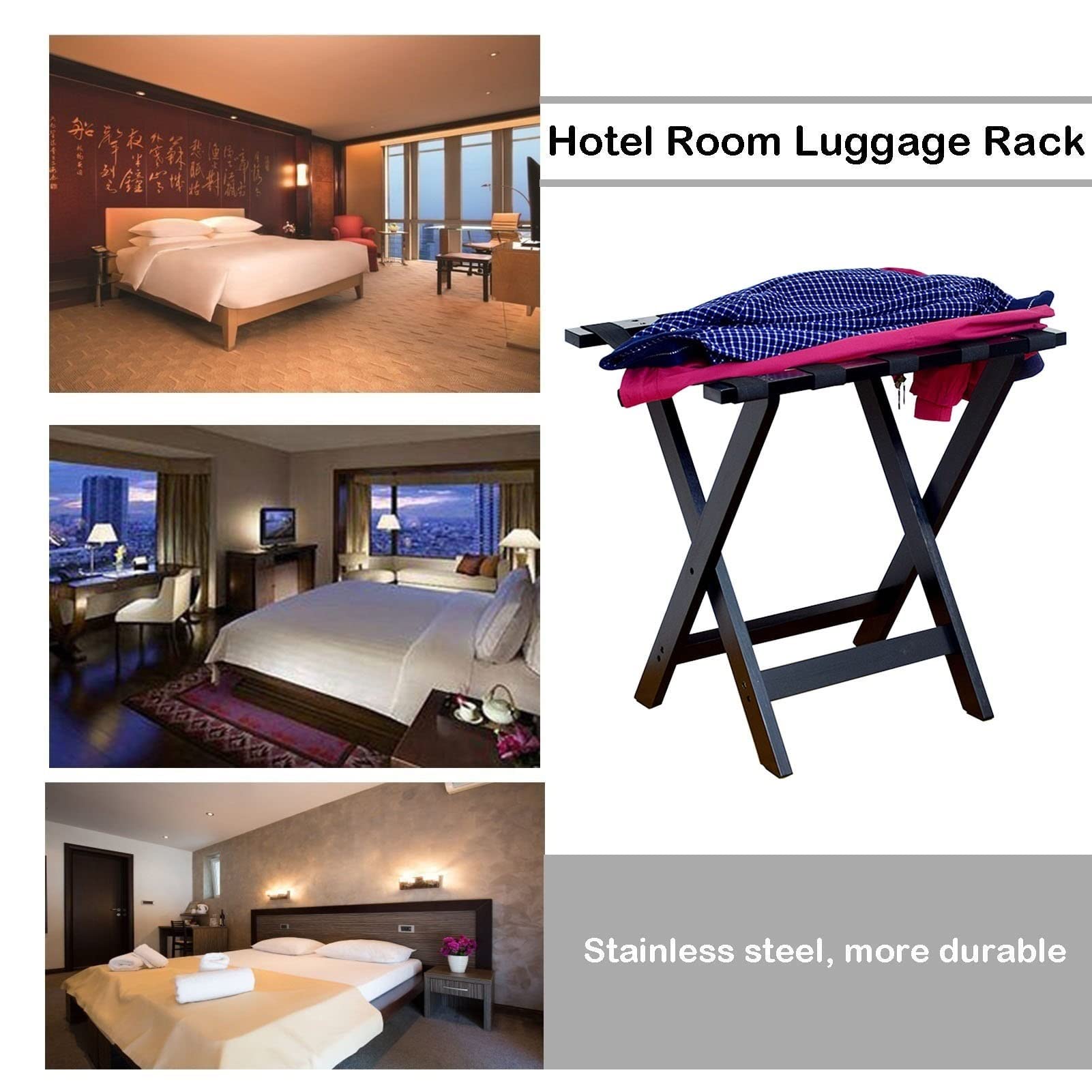 Paquete De 2 Portaequipajes Plegables para Habitaciones De Invitados, Porta Maletas con Ruedas De Carga Pesada De 50Kg, Soporte Maletas De Madera De Fácil Montaje (Color : Black)