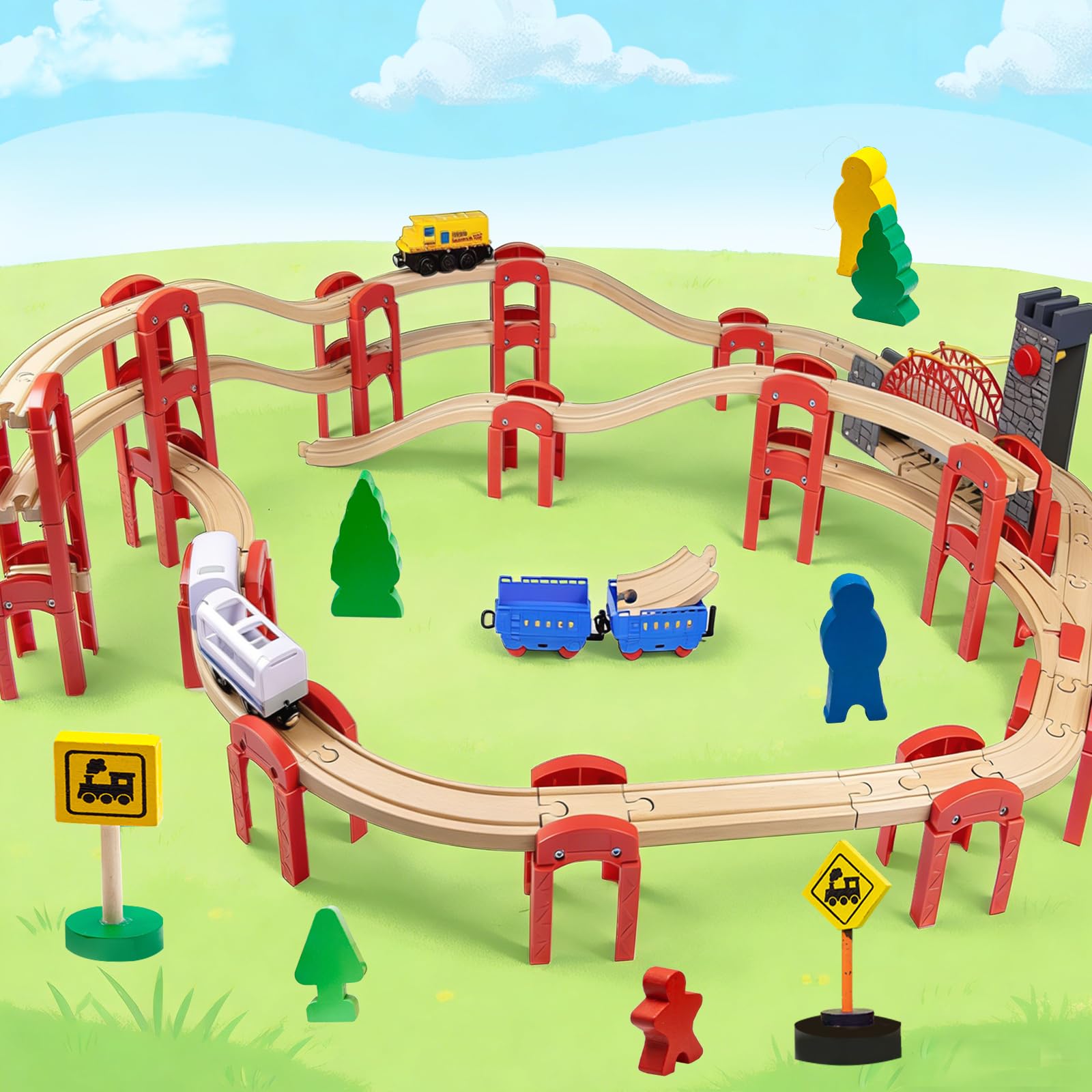 Accesorios para Tren de Madera, 14 Piezas, Compatibles con Todos los Sistemas de Rieles de Madera, Aptos para Niños de 3 Años