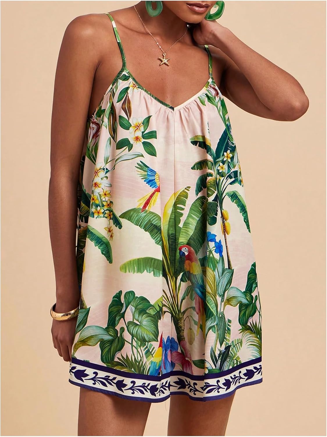 Women's Summer Tropical Rompers Sleeveless V Neck Wide Leg Vacation Short Jumpsuits - Image 2