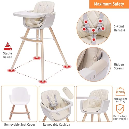 Miniatura 3 de Silla alta de madera convertible 3 en 1, silla alta para bebé con patas ajustables y bandeja apta para lavavajillas, hecha de elegante madera dura y