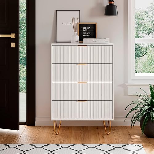 Masupu Cómoda de 4 cajones, cajón, armario de almacenamiento alto con patas de metal, cómoda pequeña para dormitorio, sala de estar, armario,