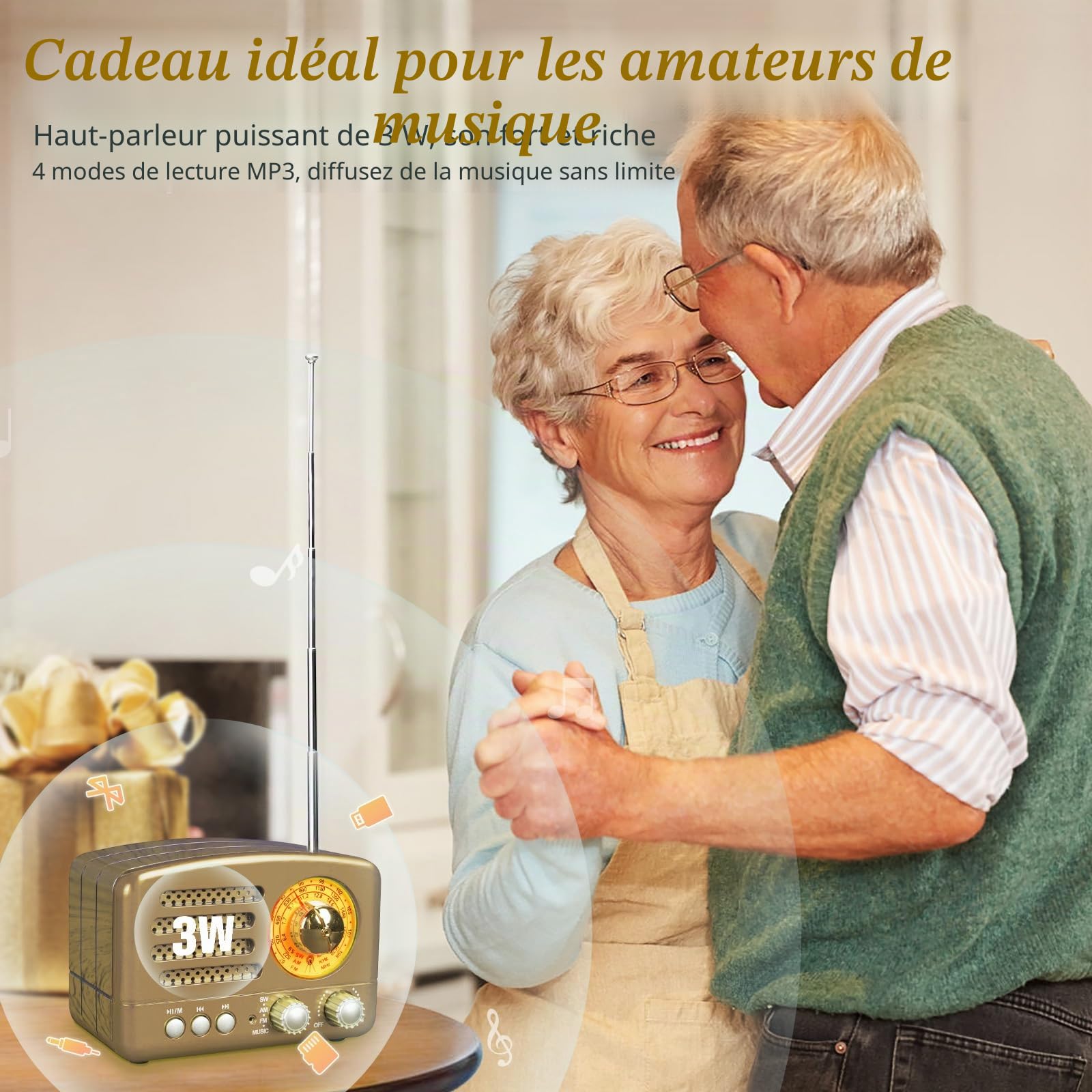 Poste Radio Portable, PRUNUS J-160 Radio Vintage Bluetooth avec Batterie Rechargeable 1800mAh, FM/AM (MW)/SW Bouton de Réglage Extra Large, TransistorRadio Prise en Charge de la Carte TF/USB (Gold)