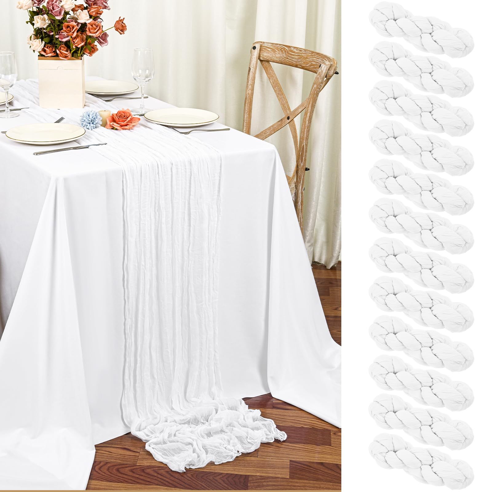 Teruntrue 12 Pack White Cheesecloth Table Runner 55x300 cm Boho Gauze Cheese Cloth Table Runner for Wedding Party Baby Bridal Shower Birthday Decorations