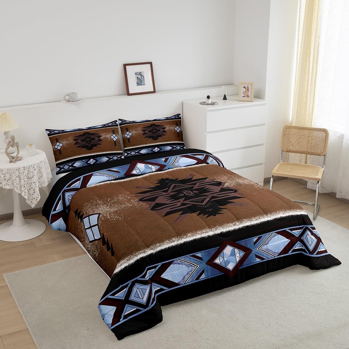 Manfei Native Tribal Comforter Set Queen Size, Navajo Abstract Geometric Quilt Set with 2 Pillowcases, Ethnic Tribal Boho Bedding Set 3pcs for Kids Boys Room Decor Lightweight Duvet Insert
