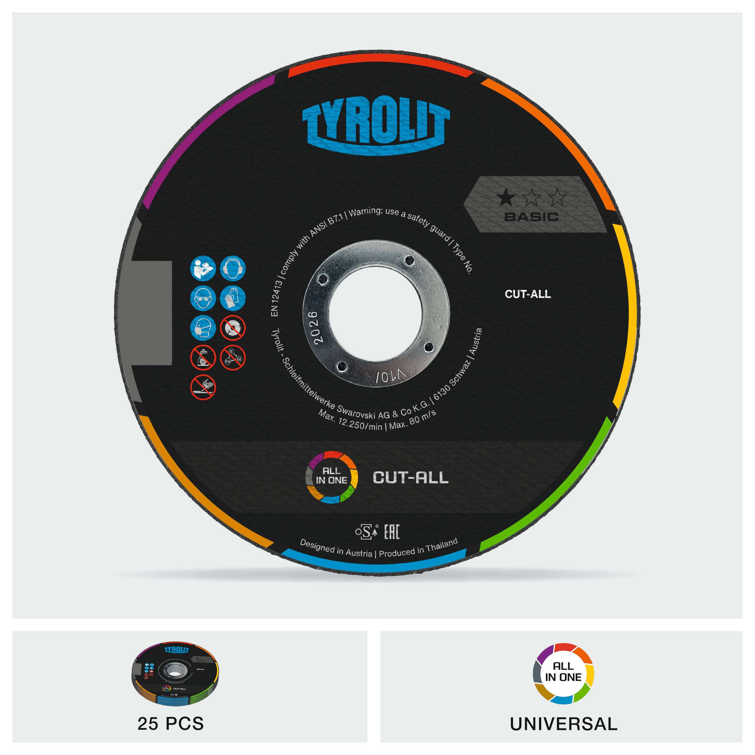 TYROLIT CUT ALL - Ruedas de corte universales - Discos de amoladora angular multiusos - Discos de corte de PVC, piedra y metal - 178 x 1,6 x 22,23 mm, AC46Q, paquete de 25