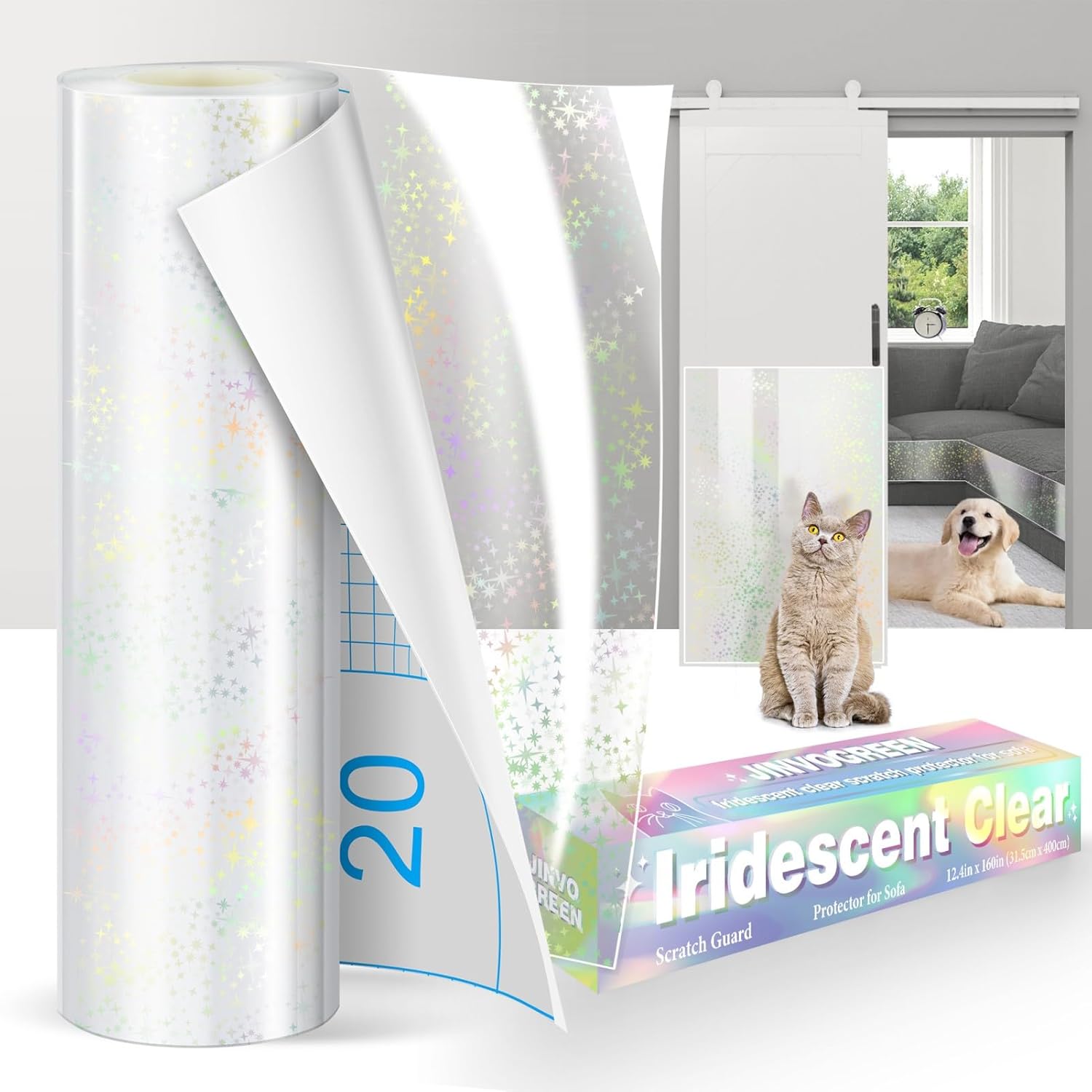 Iridescent Cat Scratch Furniture Protector, 160″ x 12.4″ Clear Anti Cat Scratch Protector, Thickened Self-Adhesive Furniture Cat Scratch Protector