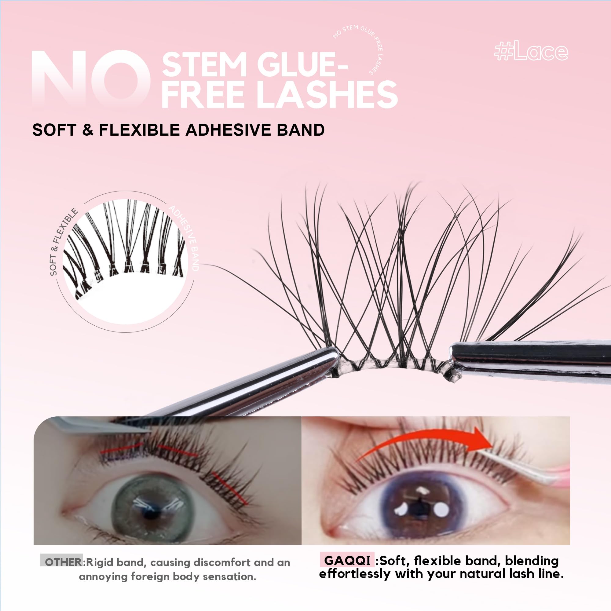 GAQQI Self Adhesive Eyelash Clusters, Natural Look No Glue Lashes 10-16mm, No Band Self Adhesive Lash Clusters 100pcs, Press On Lashes Invisible Band, With Lash Tweezer (LACE)