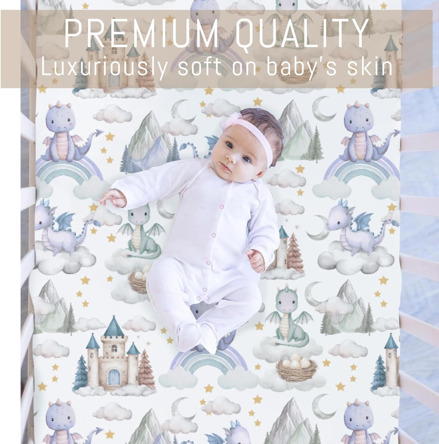 Purple Baby Dragons Crib Sheets for Boy Girl Fairytale Dragon Castle Trees Moon Rainbow Soft Stretchy Fitted Crib Mattress Cover for 52''x28'' Standard Crib & Toddler Mattress Fantasy Animal Bed Sheet