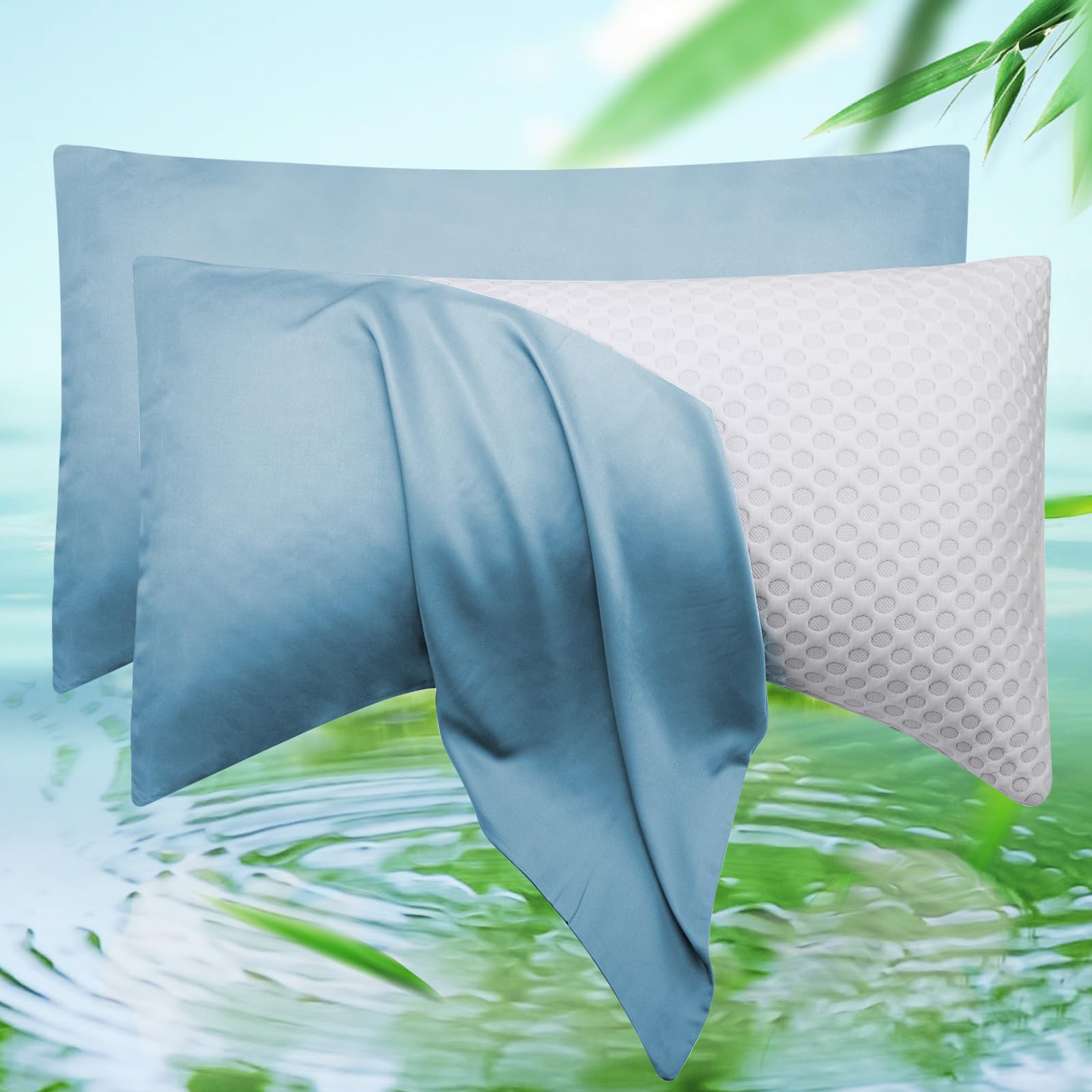 Cooling Crescent Pillow Cases Queen Size Set of 2 - Rayon Derived from Bamboo Side Sleeper Pillowcase Cover - Breathable Silky Soft Pillowcase for Hot Sleepers Hair and Skin 20 * 30 Inches Aqua Blue