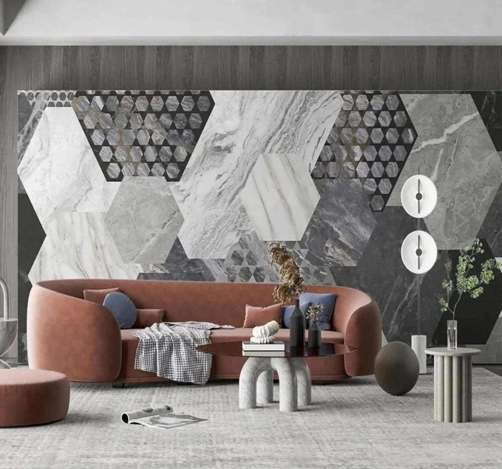 XLMING Abstract Grey Geometric Honeycomb Stone Effect 3D Wallpaper Silky Texture Home Study Office Grey Dining Room Sofa Bedroom Living Room TV Backdrop-350cm×256cm