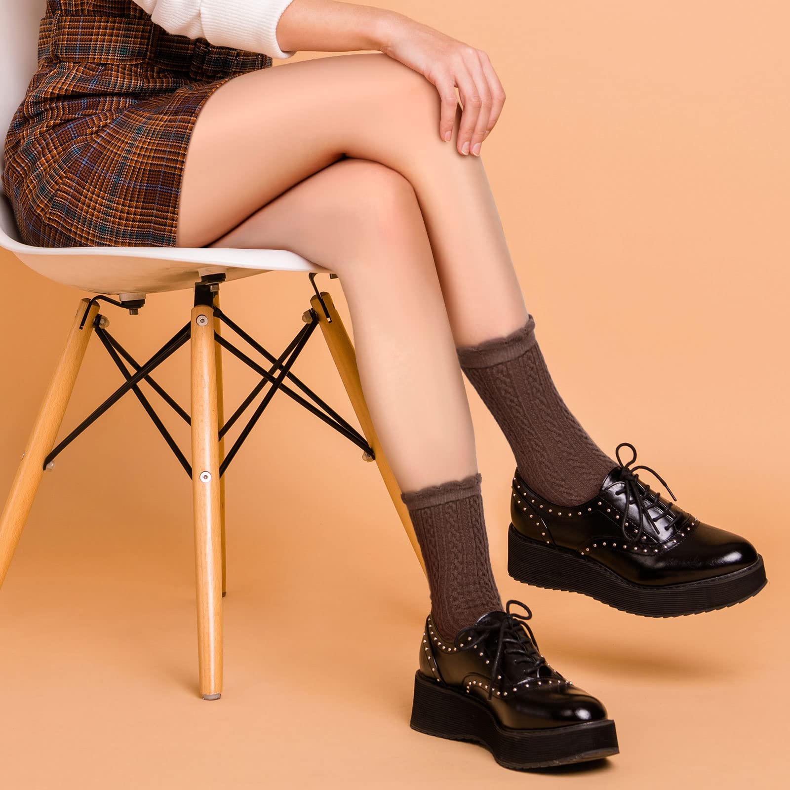 Geyoga 5 Pairs Ankle Ruffle Socks for Women Cute Cotton Soft Breathable Cool Crew Frilly Plush Socks: Black, White, Cream White, Beige, Brown