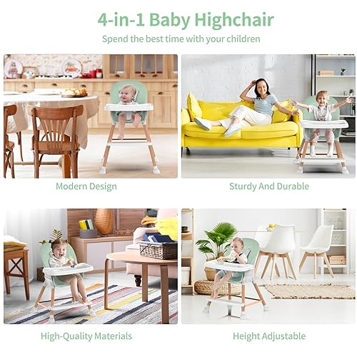 Miniatura 5 de Baby High Chair, 6 in 1 Baby Eating Chair,Wooden High Chair for Babies & Toddlers with Adjustable Legs, Removable Tray, 5-Point Safety Harness &