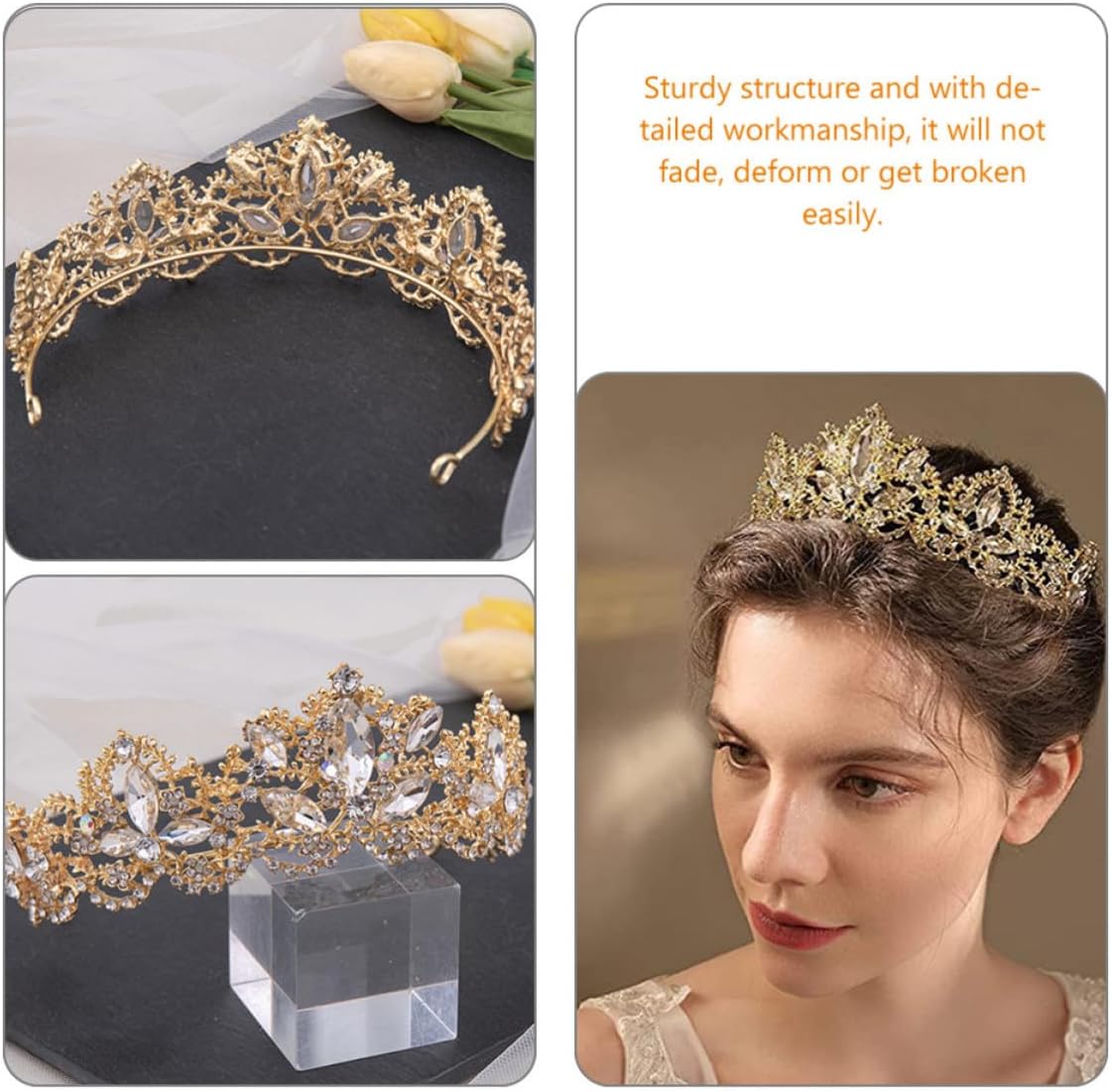 Golden Bridal Crown Tiara Hair Accessory for Women, Lightweight Alloy Material with Stylish Rhinestone Design, Wedding Hair Accessories for Bride and Special Occasions