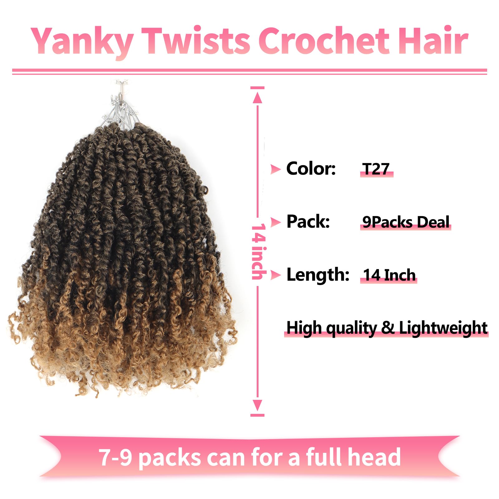 Alaleibaby 9 Packs Yanky Twist 14 inch Crochet Hair Pre-Twisted Curly Braiding Hair Extensions Pre-looped brown Yanky Twists Hair with Curls (T27# - Image 2