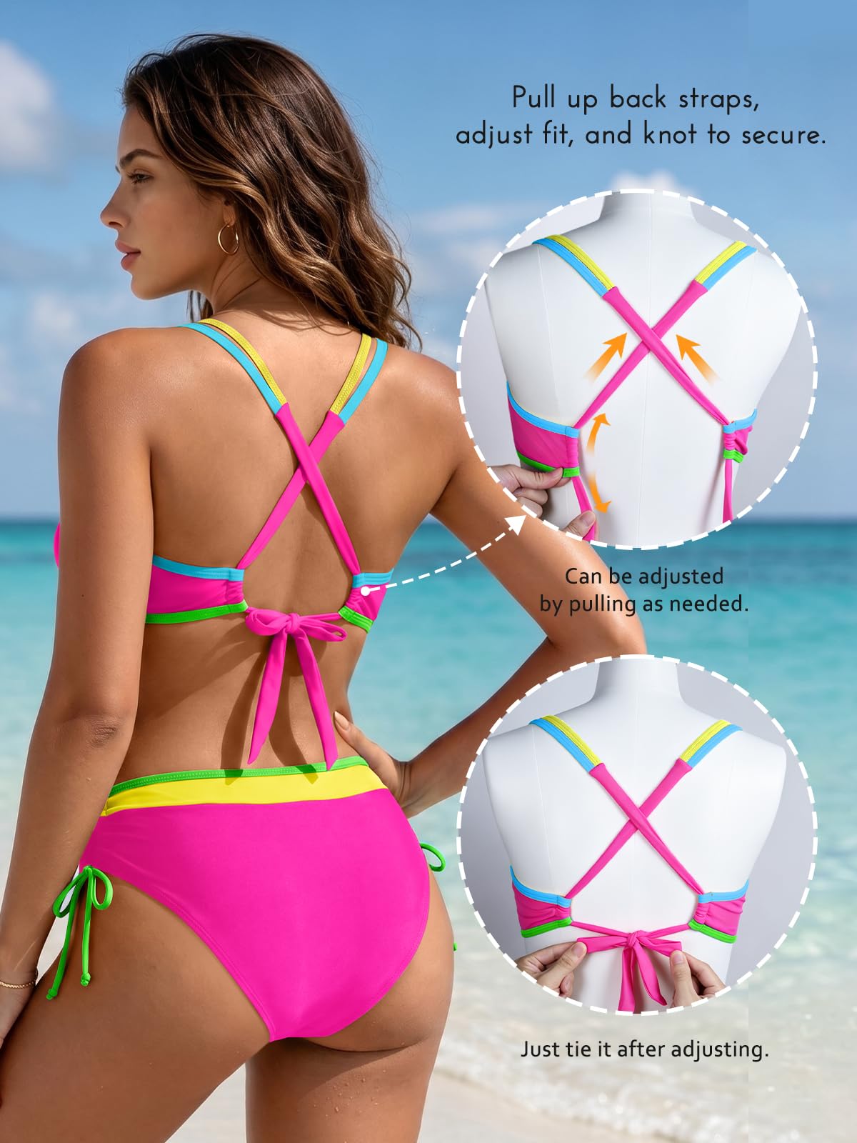 SHEKINI Conjunto de bikini de cintura alta para mujer, traje de baño de 2 piezas, traje de baño sexy, traje de baño push up, parte superior de bikini con lazo lateral