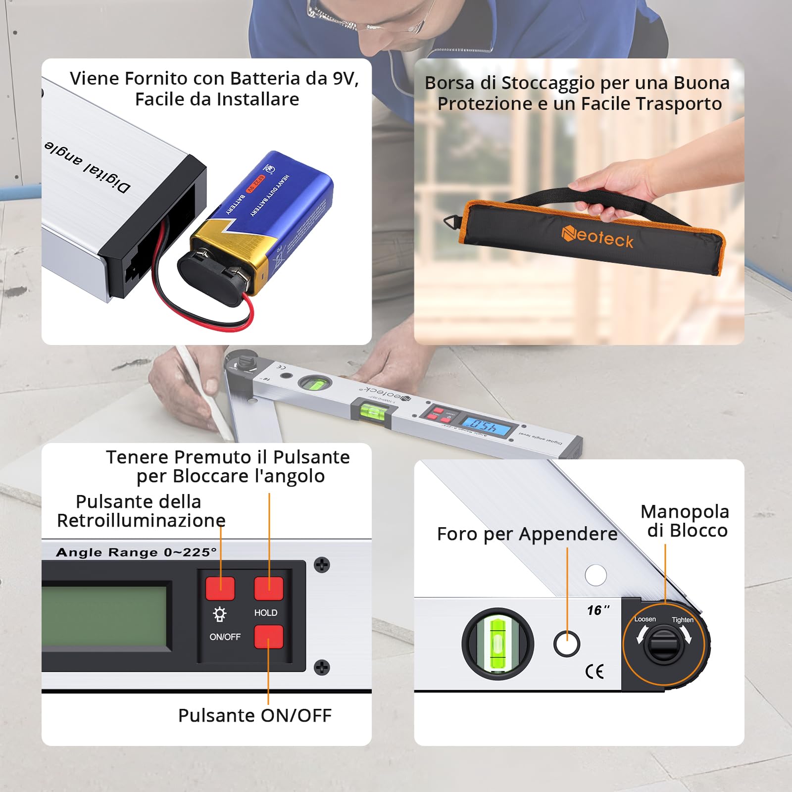 Neoteck 4x90° Inclinometro Digitale con 2 Laser - Livella Digitale Ricaricabile 2 Lati Magnetici Schermo LED + 400mm Angle Finder Digitale 0~225° Inclinometro Digitale LCD Retroilluminato
