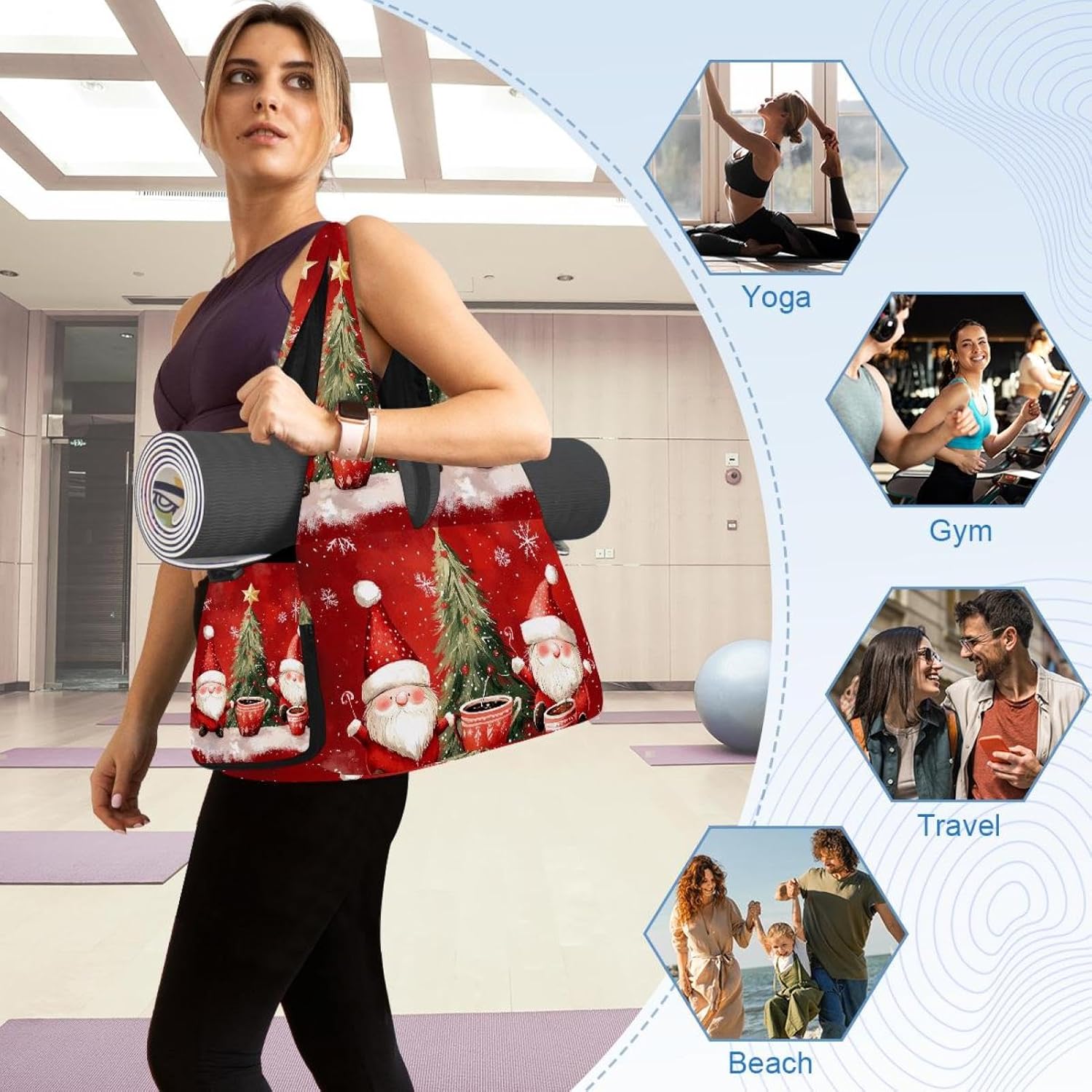 Gym Bag for Women, Christmas Gnome Yoga Mat Bag with Shoe Compartment, Sport Yoga Gym Bag with Yoga Strap, Carryall Yoga Tote Bag